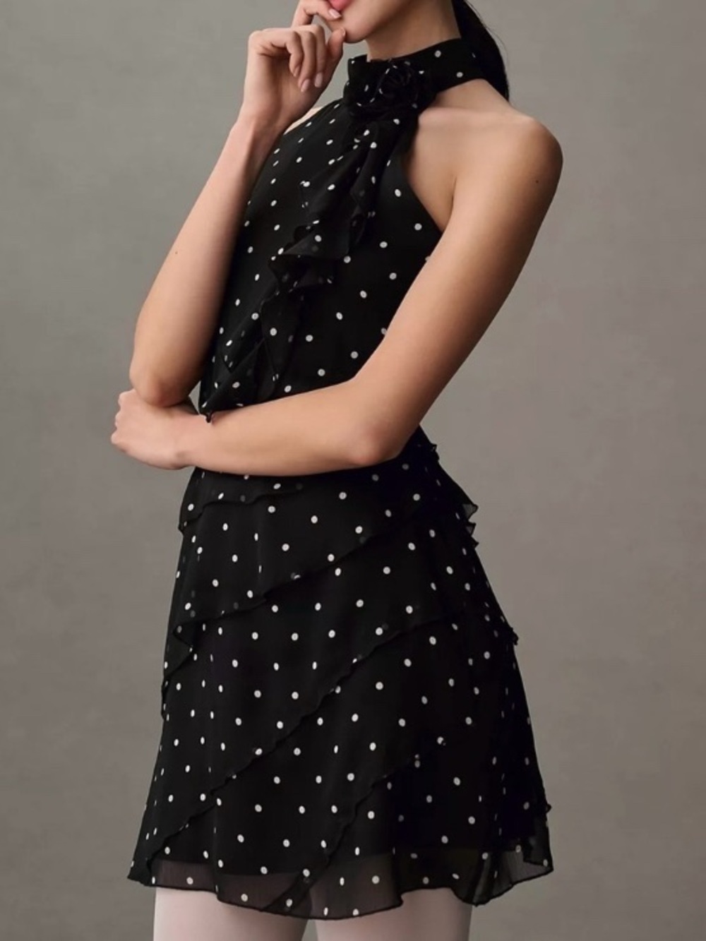 NWOT Anthropologie Black Polka Dot Halter Ruffle Mini Dress Size XS